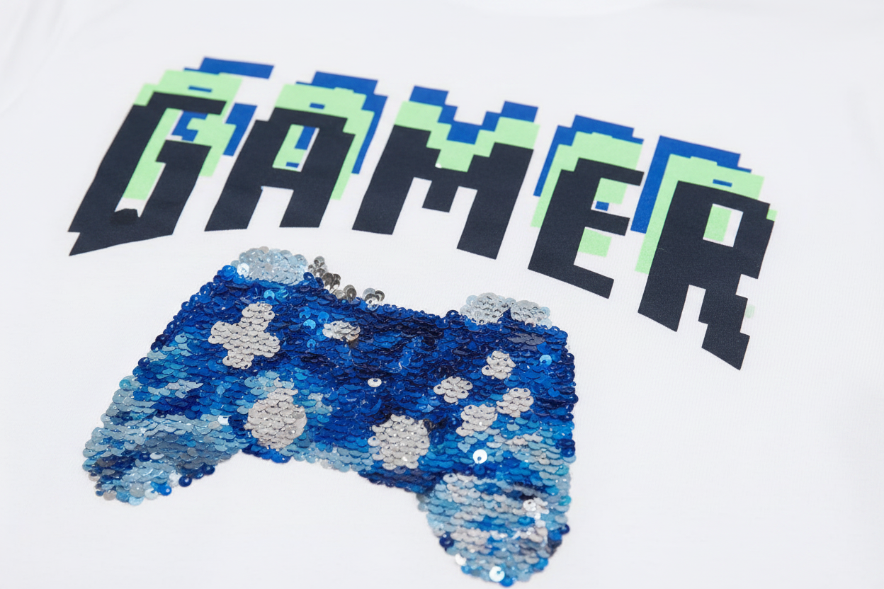 H&M Gamer Sequin Graphic T-Shirt – White
