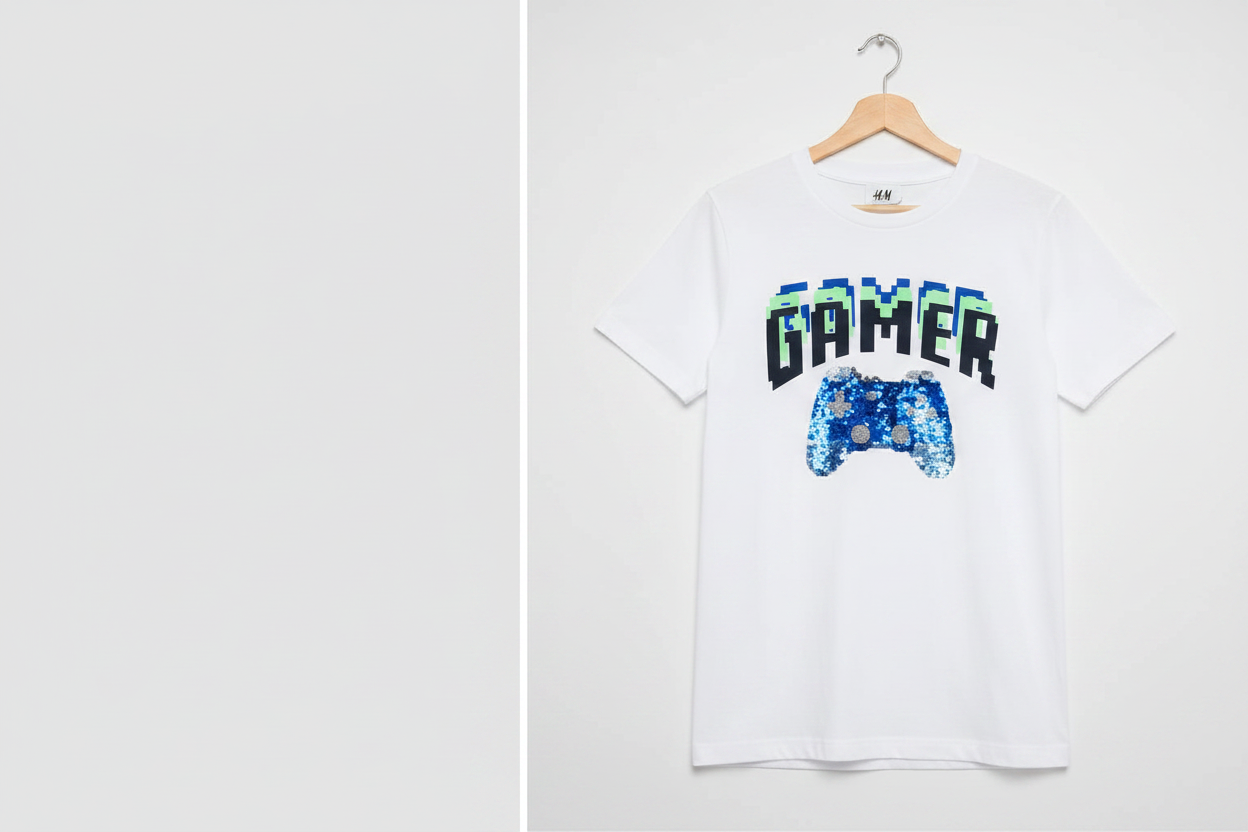 H&M Gamer Sequin Graphic T-Shirt – White