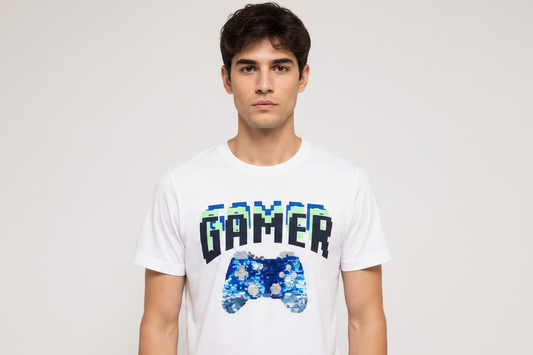 H&M Gamer Sequin Graphic T-Shirt – White