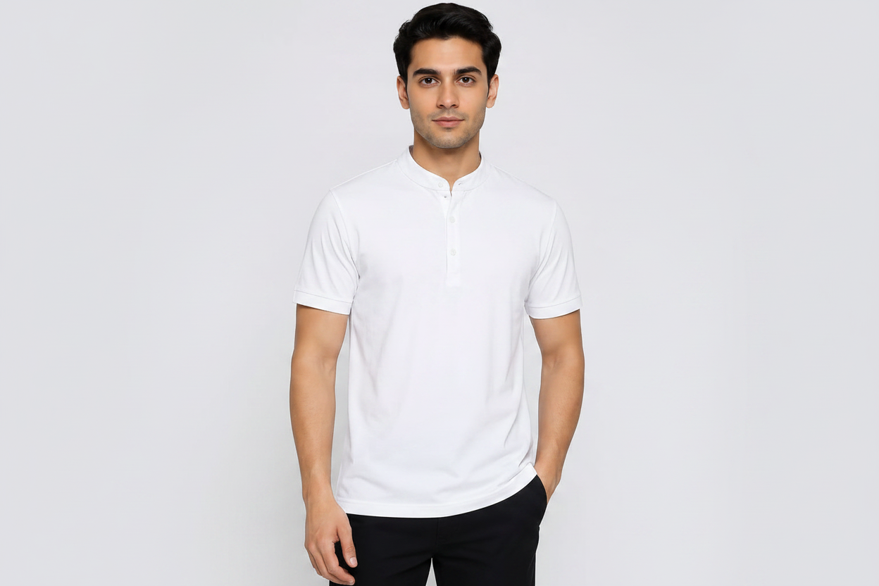 Zara Mandarin Collar Henley Polo Shirt – White