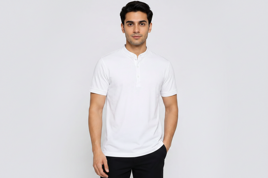 Zara Mandarin Collar Henley Polo Shirt – White